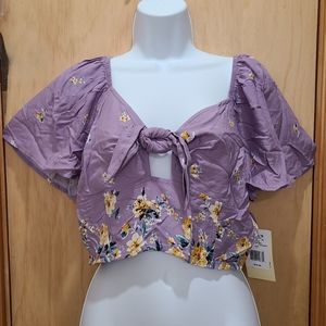 Cute Lavender Floral Yellow Flowers Crop Top Tie Detail Eyelet Top Size L
